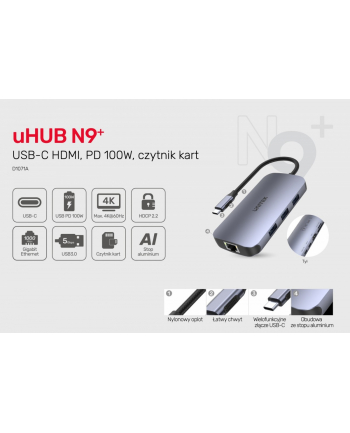 unitek HUB USB-C 9w1, USB-C, HDMI 2.0, RJ45, PD 100W, czytnik SD, D1071A