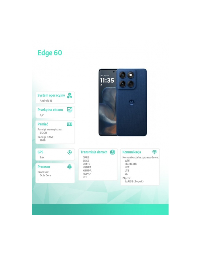motorola Smartfon Edge 60 12/512GB Gibraltar Sea-Blue główny