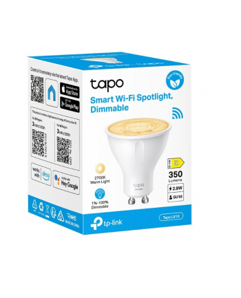 tp-link Żarówka punktowa Smart Wi-Fi z możliwością ściemniania                        SPEC: 2.4 GHz, IEEE 802.11b/g/n, GU10 Base, 220-240 V, 50/60 Hz, 350 lm,