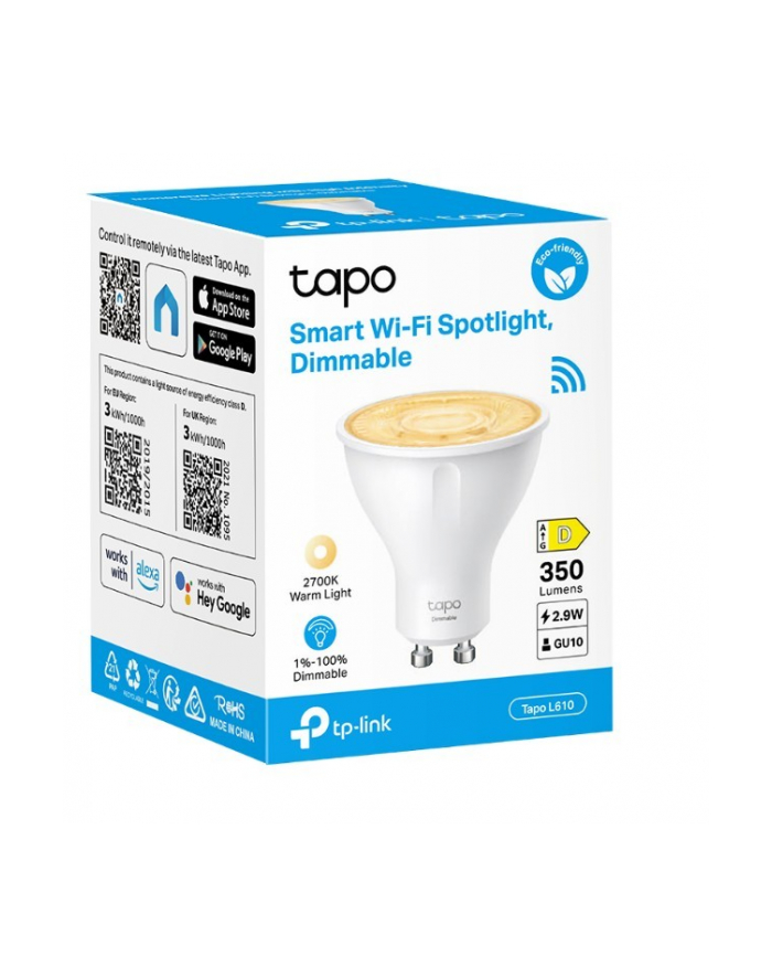 tp-link Żarówka punktowa Smart Wi-Fi z możliwością ściemniania                        SPEC: 2.4 GHz, IEEE 802.11b/g/n, GU10 Base, 220-240 V, 50/60 Hz, 350 lm, główny