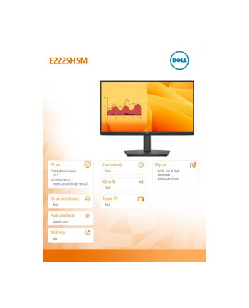dell Monitor E2225HSM 21.5 cala LED VA Full HD (1920 x1080)/16:9/DP/HDMI/VGA/Speakers/3Y nr 2