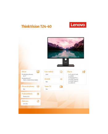 lenovo Monitor ThinkVision 23.8 cala T24-40 64A4MATXEU