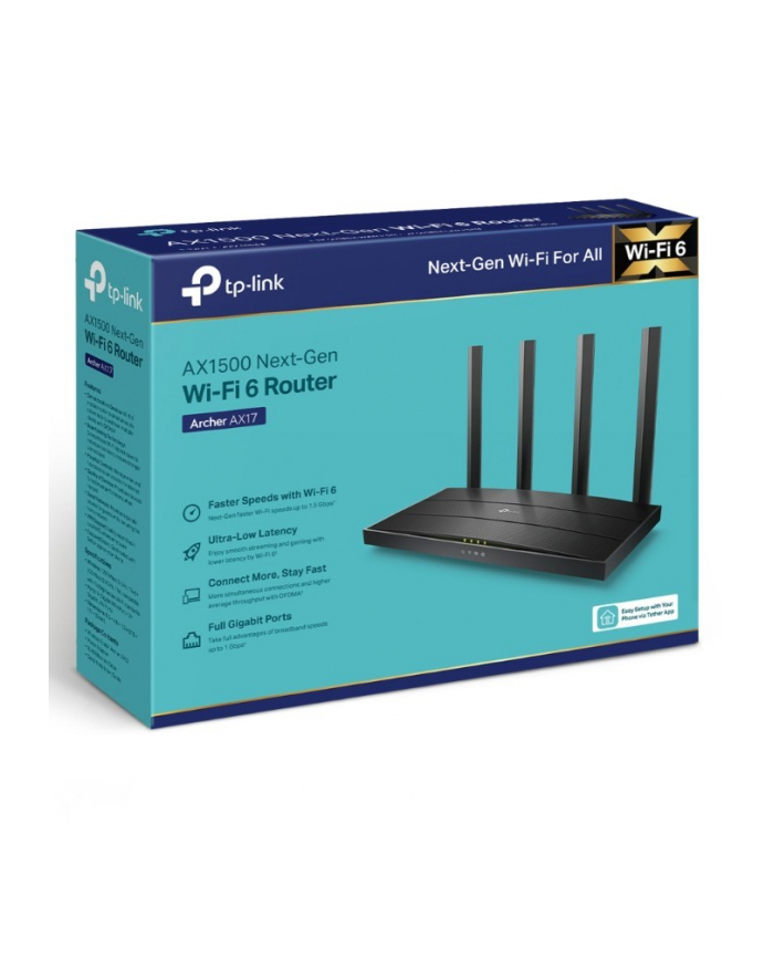 tp-link Router    AX1500 Dual-Ban Wi-Fi 6                       SPEED: 300 Mbps at 2.4 GHz + 1201Mbps at 5 GHz                                SPEC: 4 główny