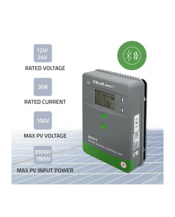 qoltec Solarny regulator ładowania MPPT z czujnikiem temperatury 30A |  12V/24V | LCD | 2xUSB | Bluetooth | APP | GEL | LiFePO4