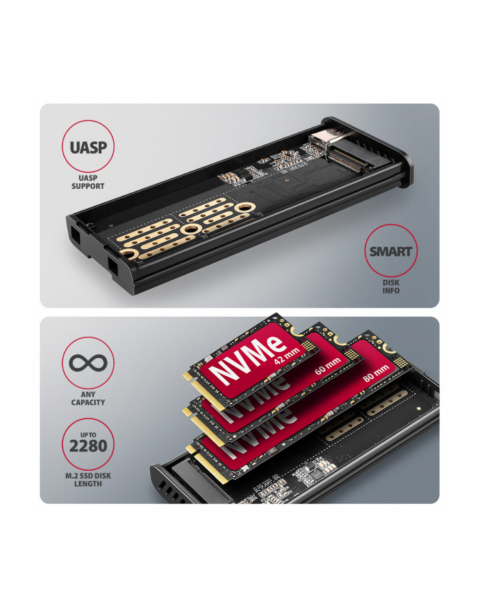 axagon EEM2-SD2 Obudowa zewnętrzna aluminiowa bezśrubowa USB-A/C 3.2 Gen2 M.2 NVMe/SATA display LCD główny