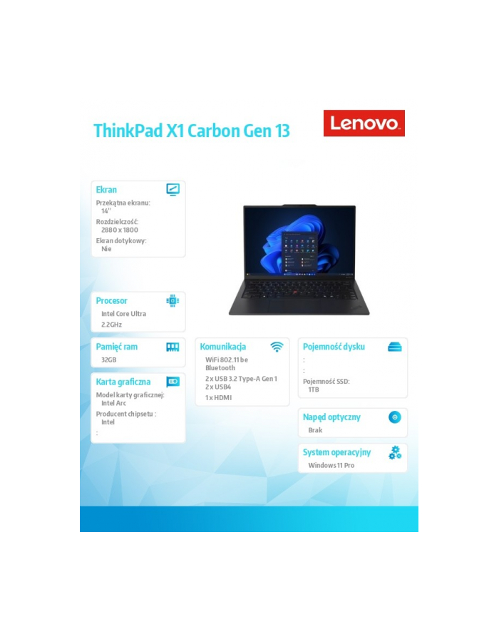 lenovo Ultrabook Thinkpad X1 Carbon G13 21NS004UPB W11Pro Ultra 7 258V/32GB/1TB/INT/14.0 2.8K/Black/3YRS Premier Support + CO2 Offset główny