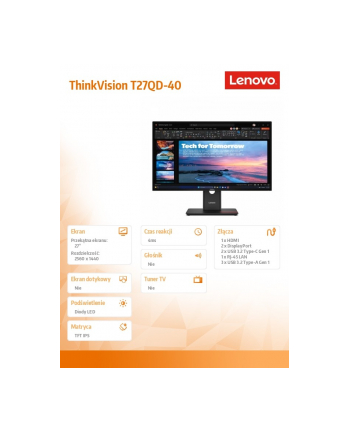 lenovo Monitor 27 '' ThinkVision T27QD-40 WLED LCD 64AAZAT2EU