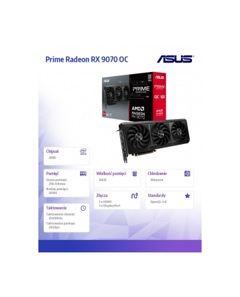 asus Karta graficzna RX 9070 PRIME OC 16GB GDDR6 256bit DP/HDMI
