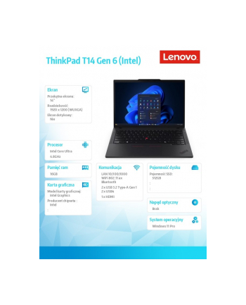 lenovo Ultrabook ThinkPad T14 G6 21QC002YPB W11Pro Ultra 5 225U/16GB/512GB/INT/14.0 WUXGA/Black/3YRS Premier Support + CO2 Offset nr 1