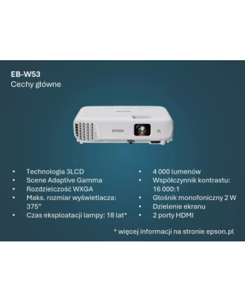 epson Projektor EB-W53   3LCD/WXGA/4000L/16k:1/HDMI