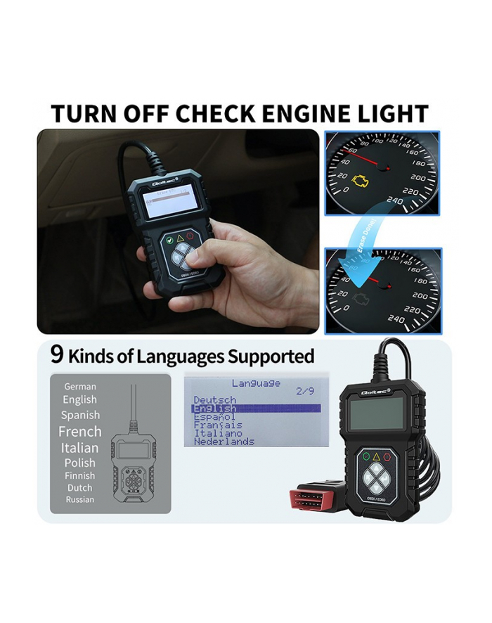 qoltec Cyfrowy Tester diagnostyczny ProLine | OBDII EOBD | 8V-25V | Dualsystem główny