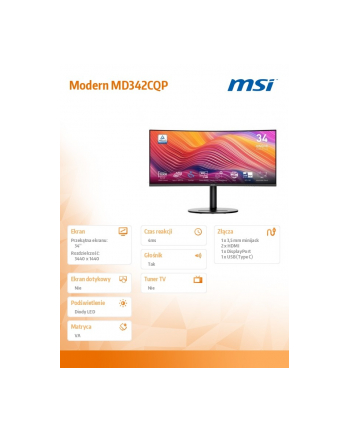 msi Monitor Modern MD342CQP 34 cale LED/UWQHD/Curve/120Hz/Black nr 1