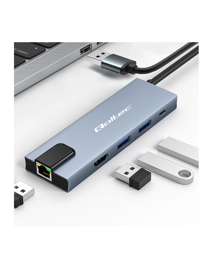 qoltec HUB Adapter USB-C 5w1 | USB-C PD 100W | 2xUSB | HDMI 4K | RJ45 główny