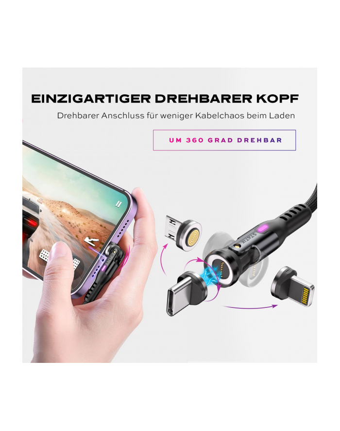 STATIK 360Pro braided czerwonyating 3 magn. tips 6-in-1 Cable Black 2m główny