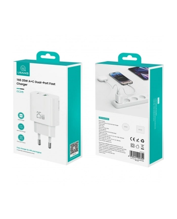 usams Ładowarka sieciowa 25W 1xUSB-A 1xUSB-A fast charging Biała