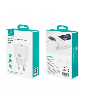 usams Ładowarka sieciowa 30W 1xUSB-C 1xUSB-A Fast charging Biała