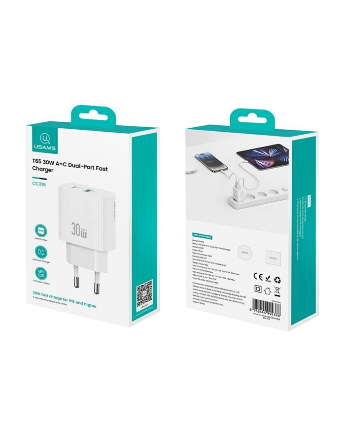 usams Ładowarka sieciowa 30W 1xUSB-C 1xUSB-A Fast charging Biała główny