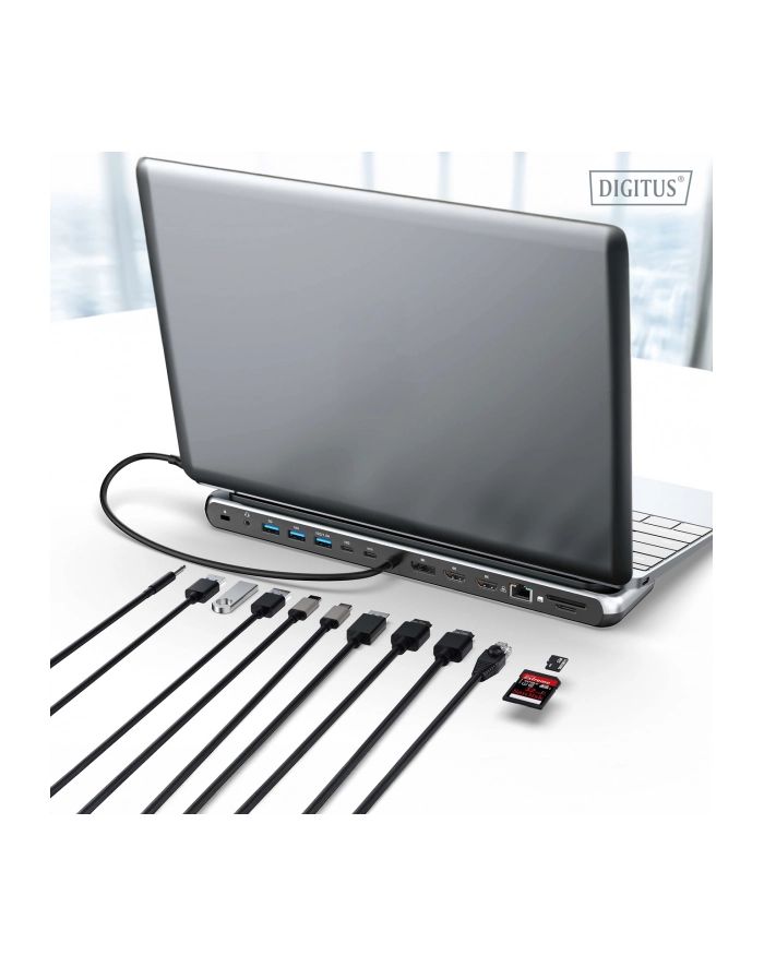digitus Stacja dokująca USB-C 12 portowa, max. 8K/30Hz z HDR, HDMI, DP, max. 3 monitory (MST), USB-C 3.2 Gen2, Gigabit Ethernet, SD/Micro SD, PD 100W główny