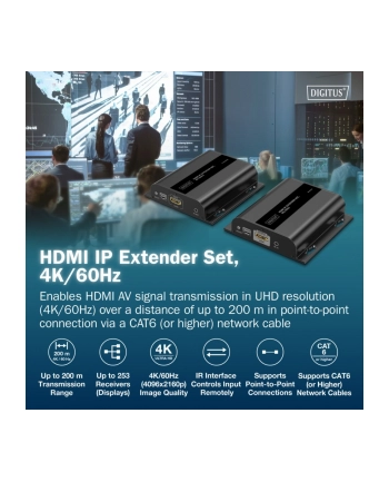 digitus Przedłużacz (extender) po skrętce kat.6 HDMI 4K/60Hz przez IP 1G lub do 120m/200m, max. 253 odbiorniki, sterowanie IR - zestaw (odbiornik/nadajnik)
