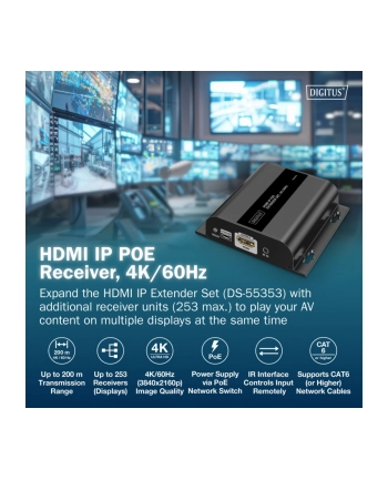 digitus Przedłużacz (extender) po skrętce kat.6 HDMI 4K/60Hz przez IP 1G lub do 120m/200m z PoE - dodatkowy odbiornik do DS-55353