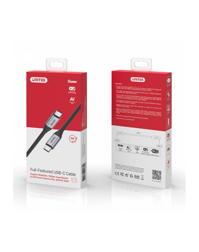 unitek Kabel USB-C - USB-C PD, 10Gbps, 4K60Hz, 1m, M/M, C14082ABK główny