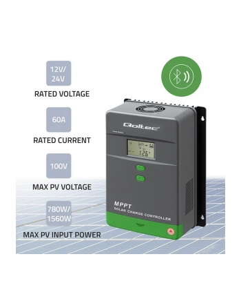qoltec Solarny regulator ładowania MPPT z czujnikiem temperatury 60A |  12V/24V | LCD | Bluetooth | APP | GEL | LiFePO4