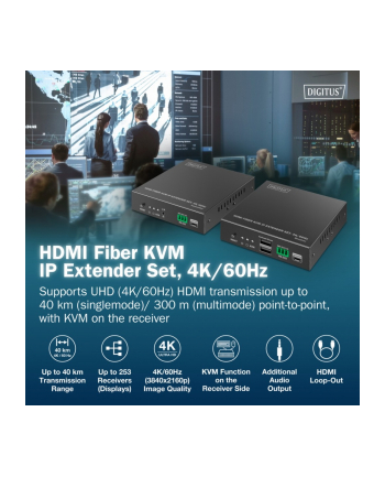 digitus Przedłużacz (extender) światłowodowy HDMI 4K/60Hz z KVM USB 1.1 przez IP 1G lub do 40km/300m, max. 253 odbiorniki, HDMI Loop-Out, Audio - zestaw