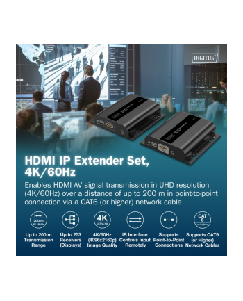 digitus Przedłużacz (extender) po skrętce kat.6 HDMI 4K/60Hz przez IP 1G lub do 120m/200m, max. 253 odbiorniki, sterowanie IR - zestaw (odbiornik/nadajnik) nr 1