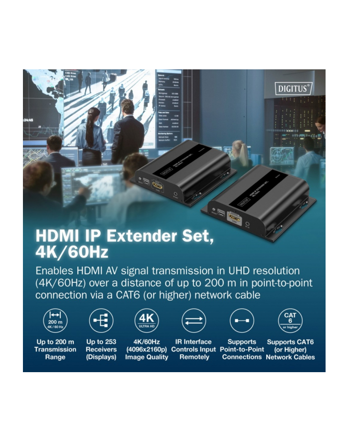 digitus Przedłużacz (extender) po skrętce kat.6 HDMI 4K/60Hz przez IP 1G lub do 120m/200m, max. 253 odbiorniki, sterowanie IR - zestaw (odbiornik/nadajnik) główny