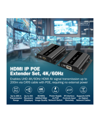 digitus Przedłużacz (extender) po skrętce kat.6 HDMI 4K/60Hz przez IP 1G lub do 120m/200m z PoE, max. 253 odbiorniki, sterowanie IR - zestaw