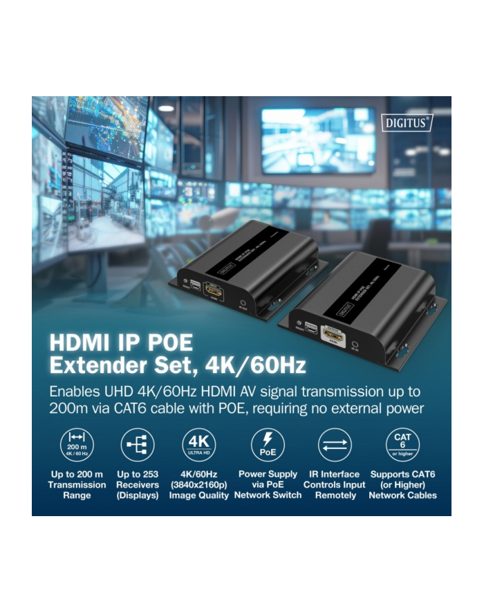 digitus Przedłużacz (extender) po skrętce kat.6 HDMI 4K/60Hz przez IP 1G lub do 120m/200m z PoE, max. 253 odbiorniki, sterowanie IR - zestaw główny