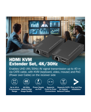 digitus Przedłużacz (extender) po skrętce kat.6 HDMI 4K/30Hz z KVM USB 1.1 do 40m/70m, max. 253 odbiorniki, sterowanie IR - zestaw (odbiornik/nadajnik) nr 1