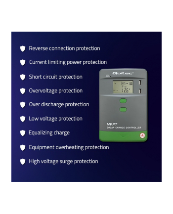 qoltec Solarny regulator ładowania MPPT z czujnikiem temperatury 40A |  12V/24V | LCD | 2xUSB | Bluetooth | APP | GEL | LiFePO4