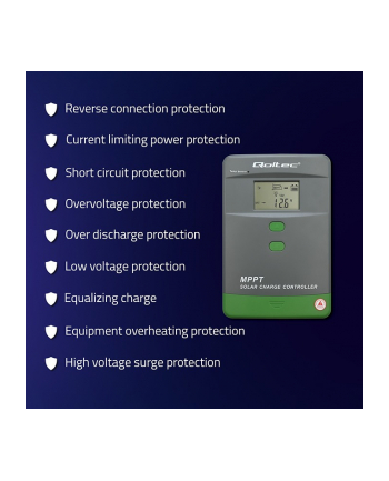 qoltec Solarny regulator ładowania MPPT z czujnikiem temperatury 50A |  12V/24V | LCD | Bluetooth | APP | GEL | LiFePO4