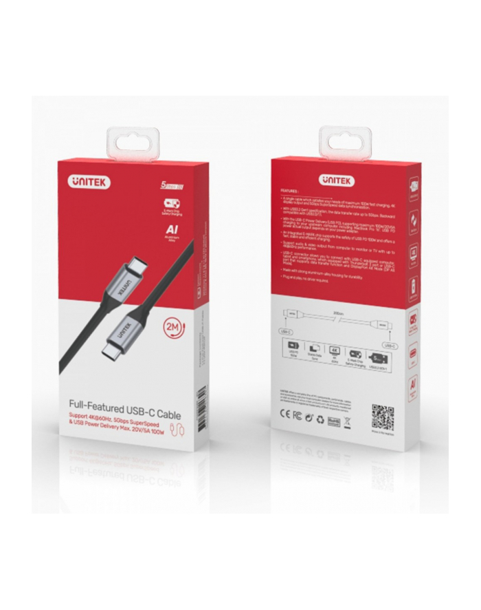 unitek Kabel USB-C - USB-C PD 100W, 5Gbps, 4K60Hz, 2m, M/M, C14091ABK główny