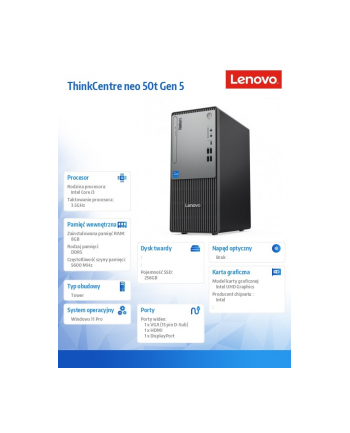 lenovo Komputer ThinkCentre Neo 50t G5 12UD0031PB W11Pro i3-14100/8GB/256GB/INT/1YR OS nr 2