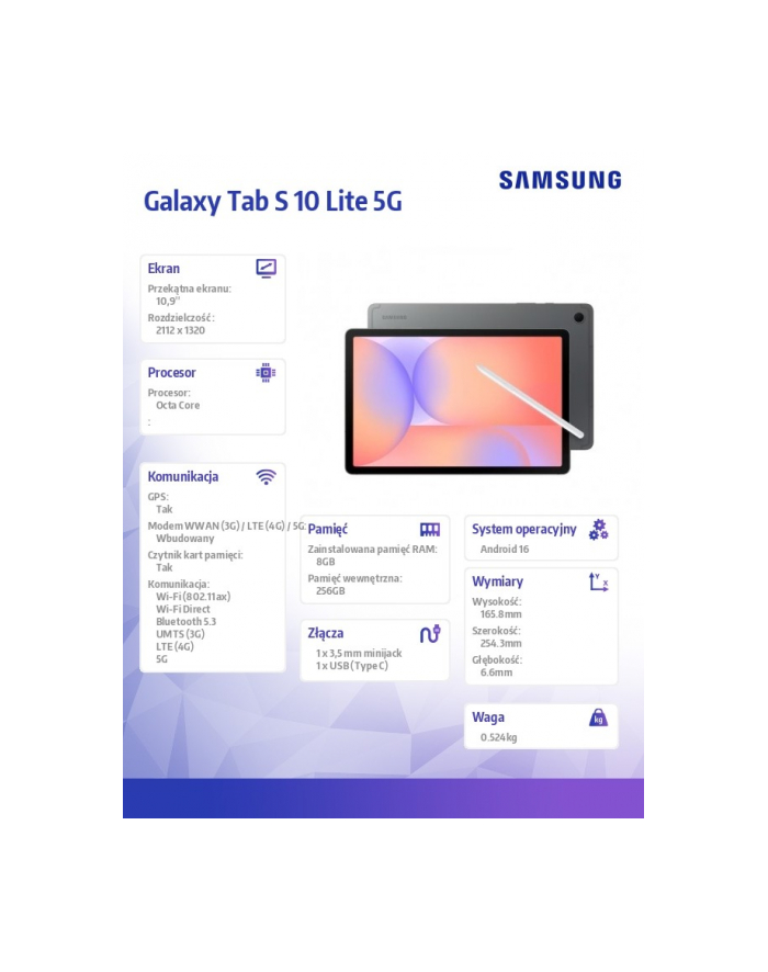 samsung Tablet Galaxy Tab S10 Lite X406 10.9 cala 5G 8/256GB szary główny