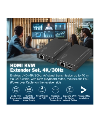 digitus Przedłużacz (extender) po skrętce kat.6 HDMI 4K/30Hz z KVM USB 1.1 do 40m/70m, max. 253 odbiorniki, sterowanie IR - zestaw (odbiornik/nadajnik)