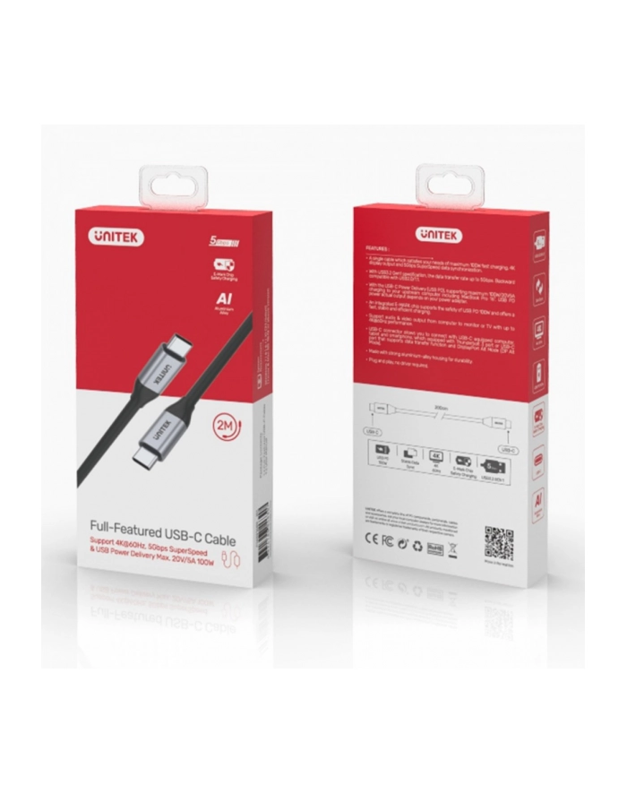 unitek Kabel USB-C - USB-C PD 100W, 5Gbps, 4K60Hz, 2m, M/M, C14091ABK główny