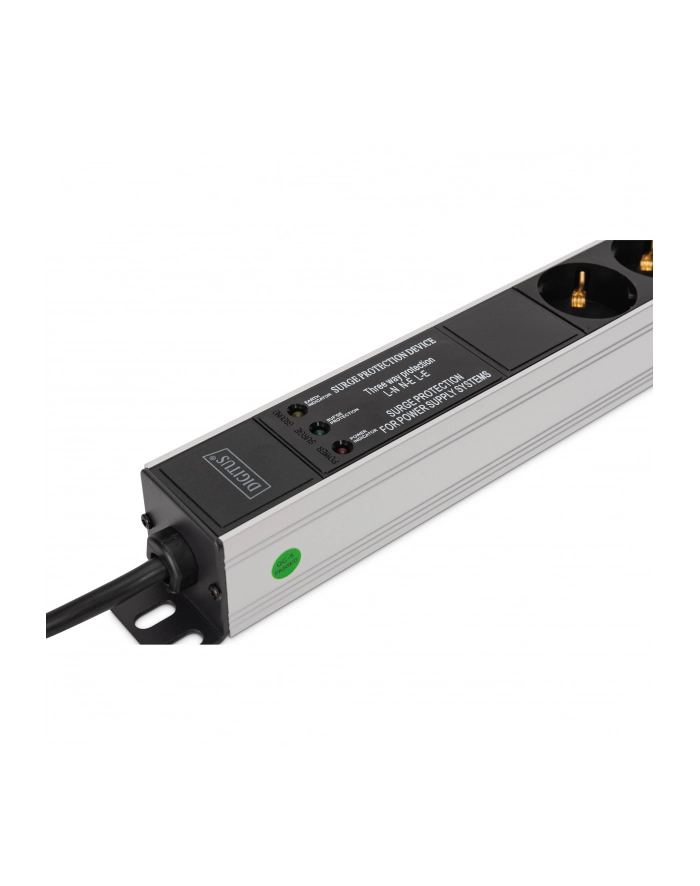 digitus Listwa zasilająca PDU Rack (620mm) z zabezpieczeniem przeciwprzepięciowym + filtr EMI/RFI, 9 gniazd Schuko CEE 7/3 (45 stopni ), kabel 2m wtyk Unischuko CEE główny