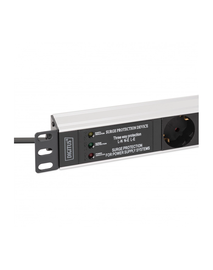 digitus Listwa zasilająca PDU Rack 19' z zabezpieczeniem przeciwprzepięciowym + filtr EMI/RFI, 7 gniazd Schuko CEE 7/3, kabel 2m, wtyk Unischuko CEE 7/7, 16A, główny