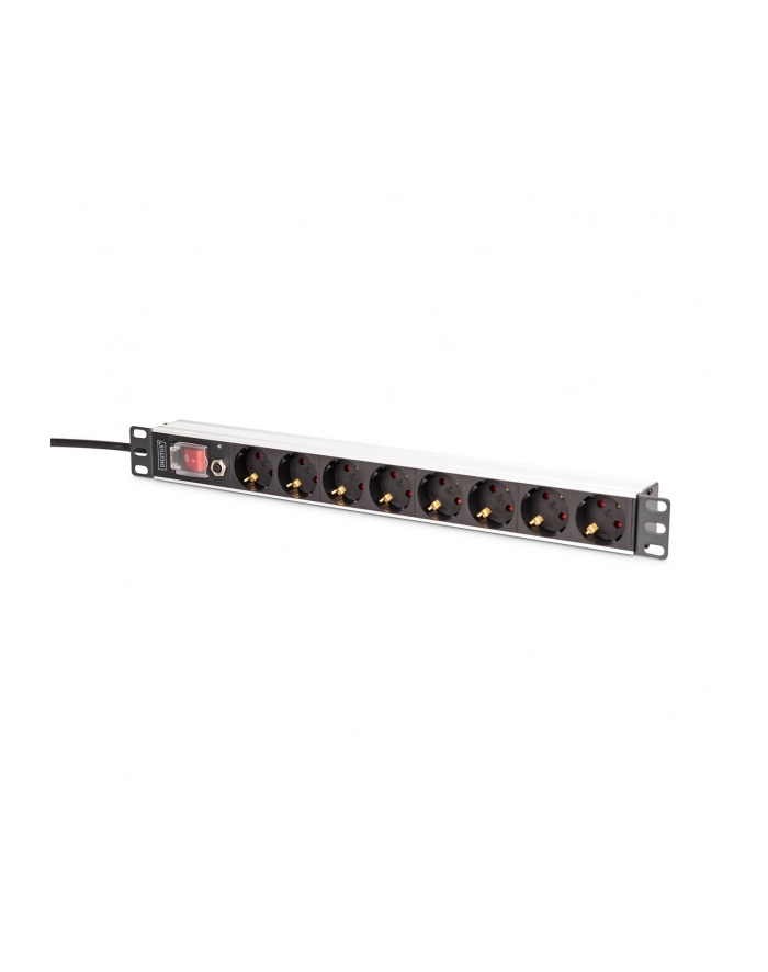 digitus Listwa zasilająca PDU Rack 19' z zabezpieczeniem przeciążeniowym, 8 gniazd Schuko CEE 7/3 (45 stopni ), kabel 2m wtyk Unischuko, 16A, aluminiowa główny