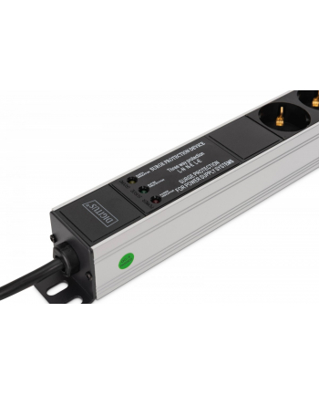 digitus Listwa zasilająca PDU Rack (620mm) z zabezpieczeniem przeciwprzepięciowym + filtr EMI/RFI, 9 gniazd Schuko CEE 7/3 (45 stopni ), kabel 2m wtyk Unischuko CEE
