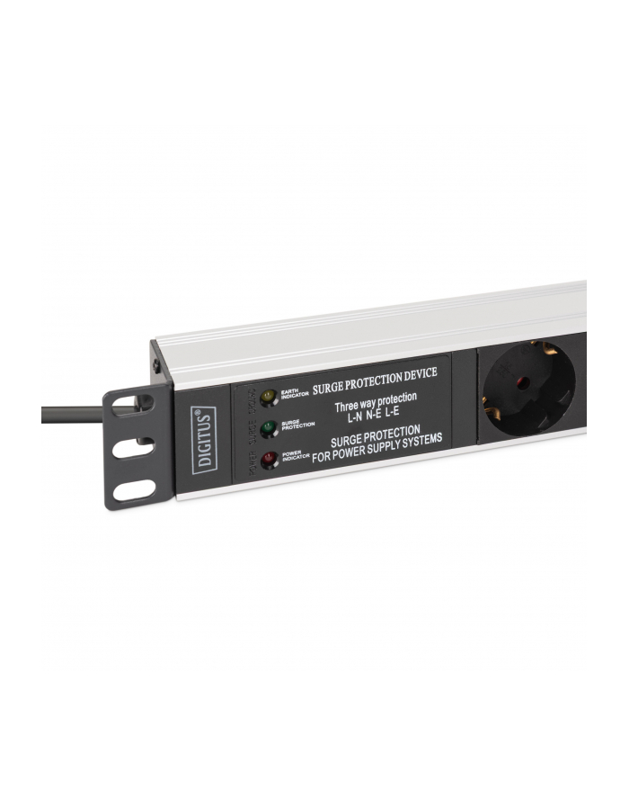 digitus Listwa zasilająca PDU Rack 19' z zabezpieczeniem przeciwprzepięciowym + filtr EMI/RFI, 7 gniazd Schuko CEE 7/3, kabel 2m, wtyk Unischuko CEE 7/7, 16A, główny