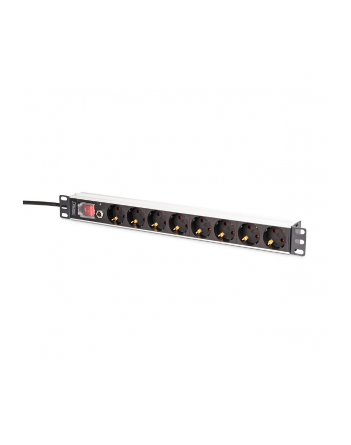 digitus Listwa zasilająca PDU Rack 19' z zabezpieczeniem przeciążeniowym, 8 gniazd Schuko CEE 7/3 (45 stopni ), kabel 2m wtyk Unischuko, 16A, aluminiowa główny