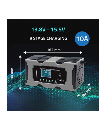 qoltec Mikroprocesorowa ładowarka 12V 10A | Prostownik z funkcją naprawy do akumulatora AGM GEL LiFePO4 | LCD