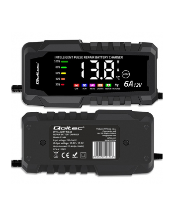 qoltec Mikroprocesorowa ładowarka 12V 6A | Prostownik z funkcją naprawy do akumulatora AGM GEL LiFePO4 | LCD