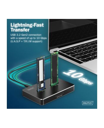 digitus Stacja dokująca USB-C 3.2 Gen2 dla dysków SSD M.2 Duo NVMe oraz SATA (max. 2x 4 TB) z czytnikiem kart SD-Express 7.1 (max. 2 TB), czarna