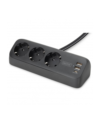 digitus Listwa zasilająca biurkowa, 3 gniazda Schuko, 2x USB-A (2x 12W), 1x USB-C (30W) z zaciskiem na blat, kabel 1,5m, czarna