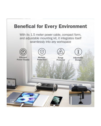 digitus Listwa zasilająca biurkowa, 3 gniazda Schuko, 2x USB-A (2x 12W), 1x USB-C (30W) z zaciskiem na blat, kabel 1,5m, czarna